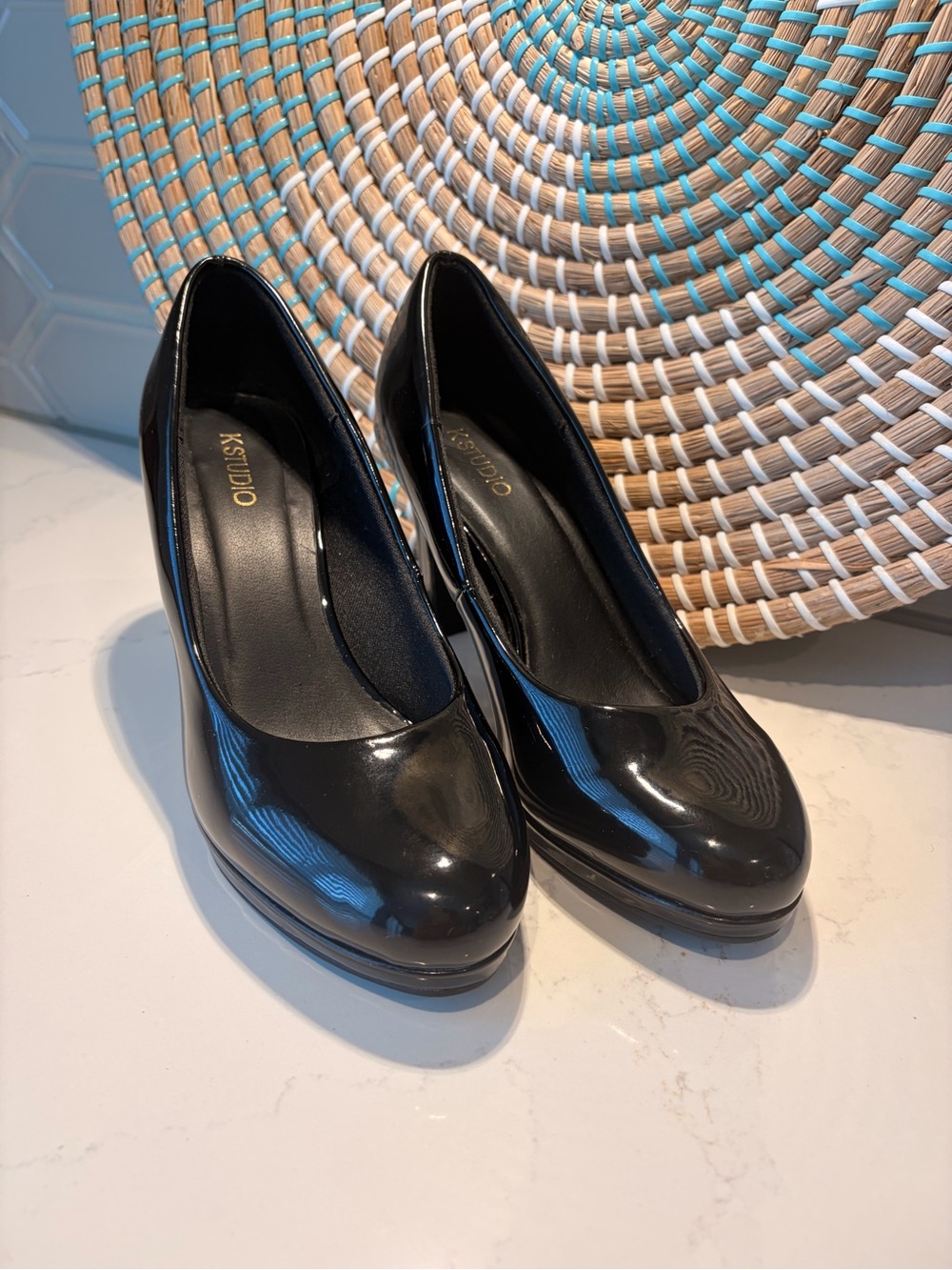 Studio Black Patent Round-Toe Platform Pumps